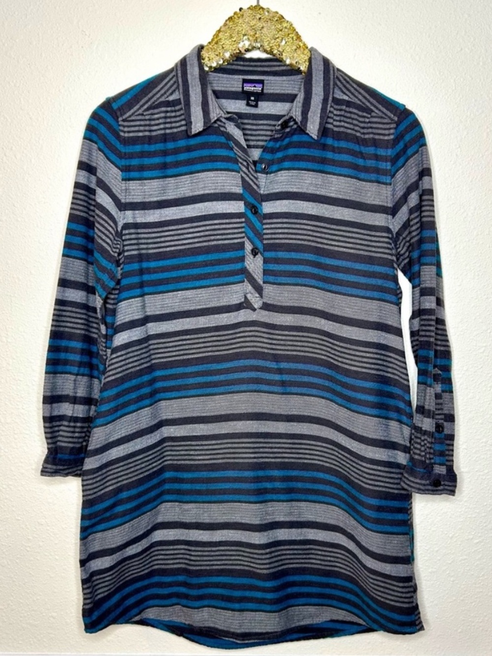 Patagonia Pinyon Women's Teal and Gray Striped Collar Dress XS
